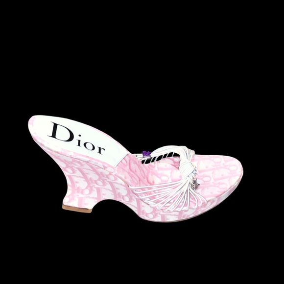 DIOR Vintage John Galliano Pink White Monogram Logo Trotter Platform Sandal Heel - Picture 2 of 14